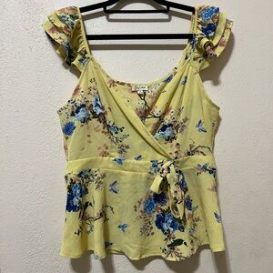 Lily White Yellow Floral Wrap Peplum Top with Blue Accents